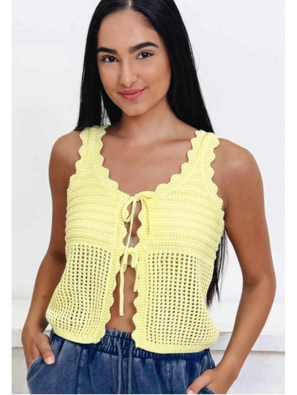 Women's Double Zero Crochet Tie-Front Tank Top Yellow Size L